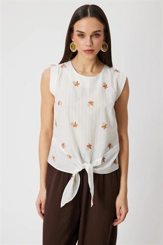Önü Bağlamalı İşlemeli Pamuklu Bluz Bej 72335-2Y6