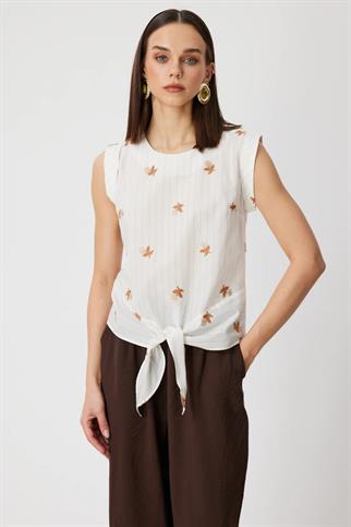 Önü Bağlamalı İşlemeli Pamuklu Bluz Bej 72335-2Y6