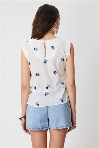 Önü Bağlamalı İşlemeli Pamuklu Bluz Mavı 72335-2Y6