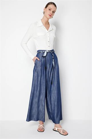 İp Kemerli Bol Paça Pileli Pantolon Indıgo 74119-2Y6