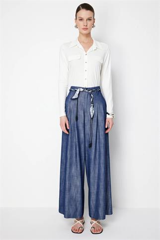 İp Kemerli Bol Paça Pileli Pantolon Indıgo 74119-2Y6