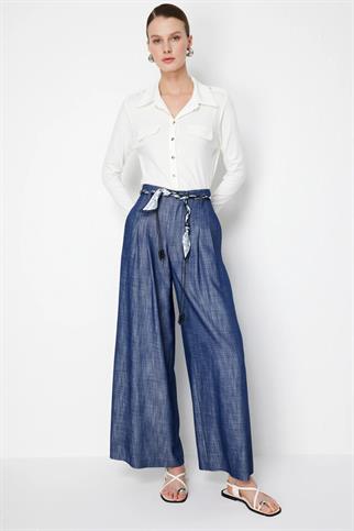 İp Kemerli Bol Paça Pileli Pantolon Indıgo 74119-2Y6