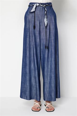 İp Kemerli Bol Paça Pileli Pantolon Indıgo 74119-2Y6
