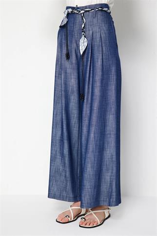 İp Kemerli Bol Paça Pileli Pantolon Indıgo 74119-2Y6