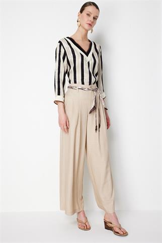 İp Kemerli Bol Paça Pileli Pantolon Kum 74119-2Y6