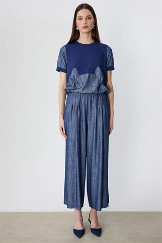 Pileli Geniş Paça Pantolon Indıgo 74120-2Y6