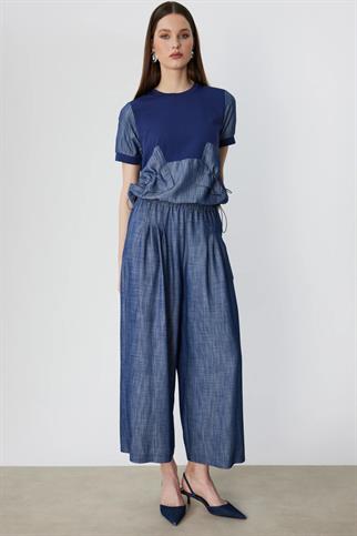 Pileli Geniş Paça Pantolon Indıgo 74120-2Y6