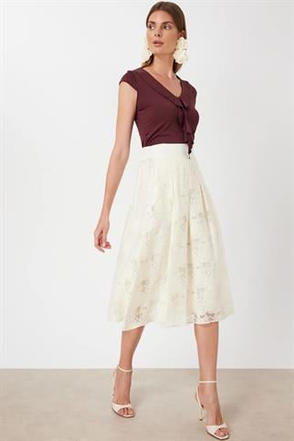 Desenli Pileli Midi Etek Ekru 74216-2Y6