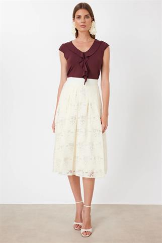 Desenli Pileli Midi Etek Ekru 74216-2Y6