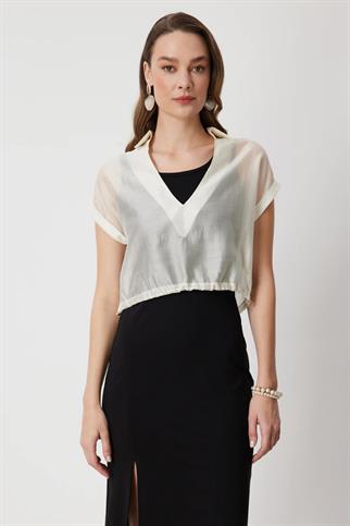 Beli Lastikli Sırt Dekolteli Bluz Krem 74347-2Y6