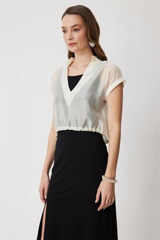 Beli Lastikli Sırt Dekolteli Bluz Krem 74347-2Y6