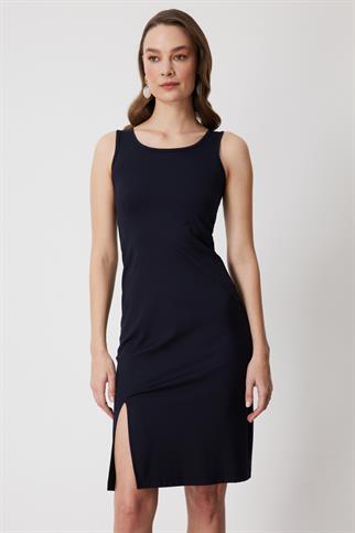 Kalın Askılı Yırtmaçlı Midi Elbise Lacivert 74348-2Y6