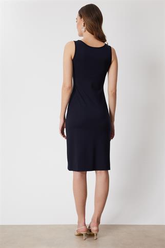 Kalın Askılı Yırtmaçlı Midi Elbise Lacivert 74348-2Y6