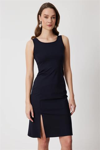 Kalın Askılı Yırtmaçlı Midi Elbise Lacivert 74348-2Y6