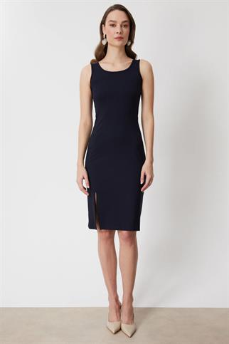 Kalın Askılı Yırtmaçlı Midi Elbise Lacivert 74348-2Y6