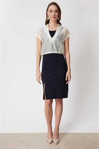 Kalın Askılı Yırtmaçlı Midi Elbise Lacivert 74348-2Y6