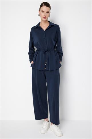 Beli Bağcıklı Düğmeli Bluz Lacivert 74702-2Y6