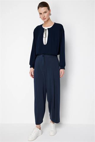Dikiş Detaylı Bol Paça Pantolon Lacivert 74703-2Y6