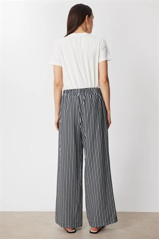 Çizgili Bol Paça Keten Pantolon Siyah 74903-2Y6