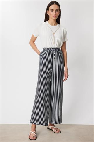 Çizgili Bol Paça Keten Pantolon Siyah 74903-2Y6