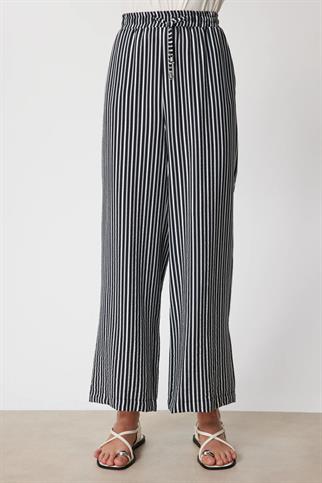 Çizgili Bol Paça Keten Pantolon Siyah 74903-2Y6