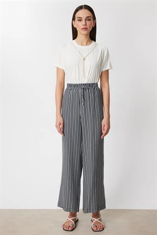 Çizgili Bol Paça Keten Pantolon Siyah 74903-2Y6