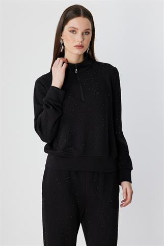 Yakası Fermuarlı Taşlı Eşofman Üstü Siyah 76343-2Y6