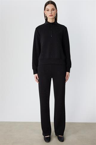 Yakası Fermuarlı Taşlı Eşofman Üstü Siyah 76343-2Y6