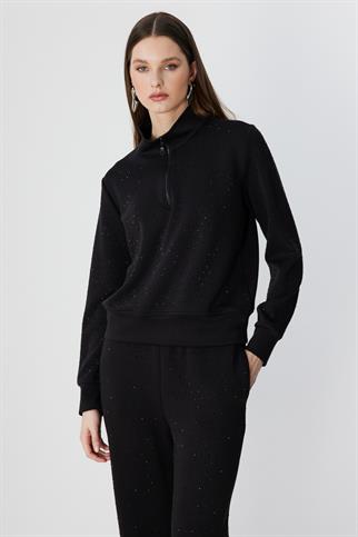 Yakası Fermuarlı Taşlı Eşofman Üstü Siyah 76343-2Y6