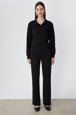 Taş İşlemeli Bol Paça Eşofman Altı Siyah 76344-2Y6