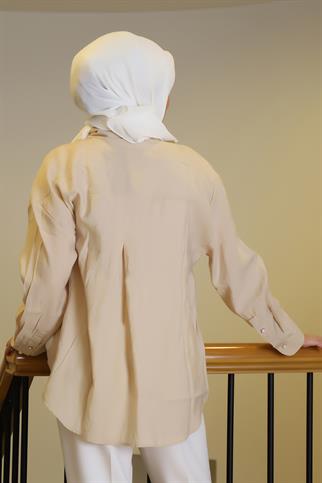 UZUN KOLLU BEYAZ DÜĞMELİ BEJ KADIN GÖMLEK  34476-2Y5