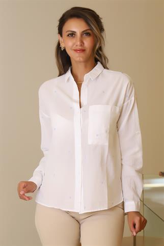 UZUN KOLLU MAVİ KALP DETAYLI KADIN GÖMLEK  3039-2Y5