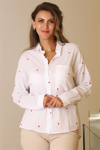 UZUN KOLLU KIRMIZI  KALP DETAYLI KADIN GÖMLEK 3039-2Y5