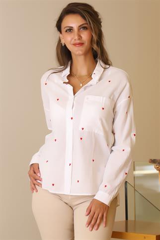 UZUN KOLLU KIRMIZI  KALP DETAYLI KADIN GÖMLEK 3039-2Y5