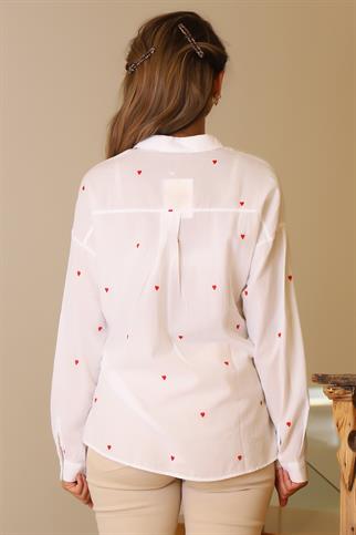 UZUN KOLLU KIRMIZI  KALP DETAYLI KADIN GÖMLEK 3039-2Y5