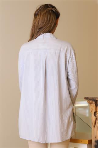 ARKASI UZUN ÇİZGİLİ MAVİ KADIN GÖMLEK  3480-2Y5