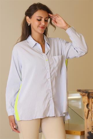 ARKASI UZUN ÇİZGİLİ MAVİ KADIN GÖMLEK  3480-2Y5