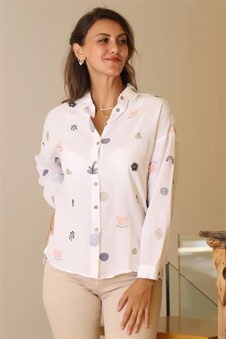 DESENLİ UZUN KOLLU BEYAZ KADIN GÖMLEK  3574-2Y5