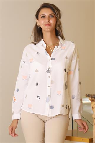 DESENLİ UZUN KOLLU BEYAZ KADIN GÖMLEK  3574-2Y5