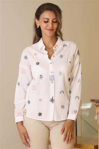 DESENLİ UZUN KOLLU BEYAZ KADIN GÖMLEK  3574-2Y5