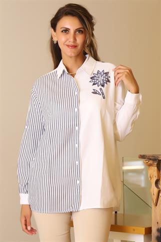 OMUZU ÇİÇEK DETAYLI BEYAZ KADIN GÖMLEK  3850-2Y5