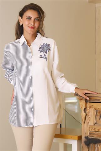 OMUZU ÇİÇEK DETAYLI BEYAZ KADIN GÖMLEK  3850-2Y5
