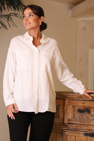 UZUN KOLLU CEPLİ BEYAZ KADIN GÖMLEK 3923-2Y4