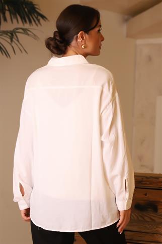 UZUN KOLLU CEPLİ BEYAZ KADIN GÖMLEK 3923-2Y4