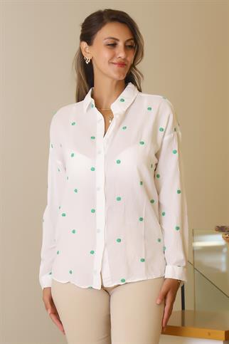 YEŞİL PUANTİYELİ UZUN KOLLU KADIN GÖMLEK  4013-2Y5