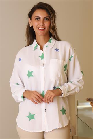 YILDIZ BASKILI CEPLİ YEŞİL KADIN GÖMLEK  4078-2Y5