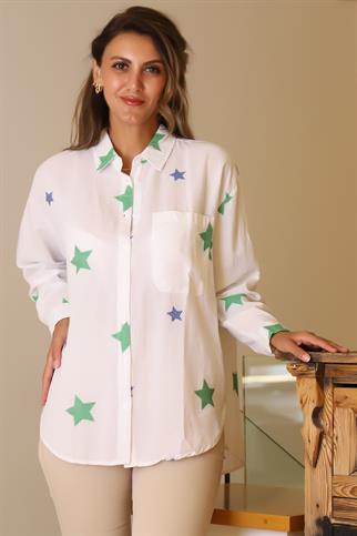 YILDIZ BASKILI CEPLİ YEŞİL KADIN GÖMLEK  4078-2Y5