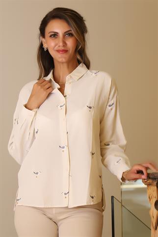 KUŞ DESENLİ NATURAL KADIN GÖMLEK  4079-2Y5