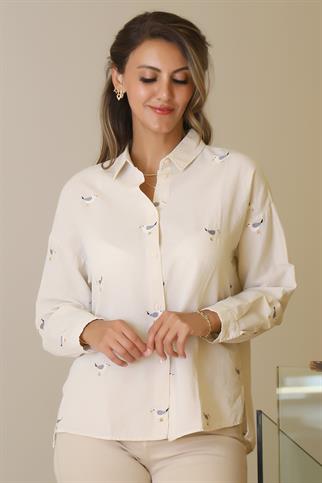 KUŞ DESENLİ NATURAL KADIN GÖMLEK  4079-2Y5