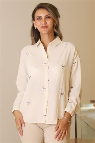 KUŞ DESENLİ NATURAL KADIN GÖMLEK  4079-2Y5